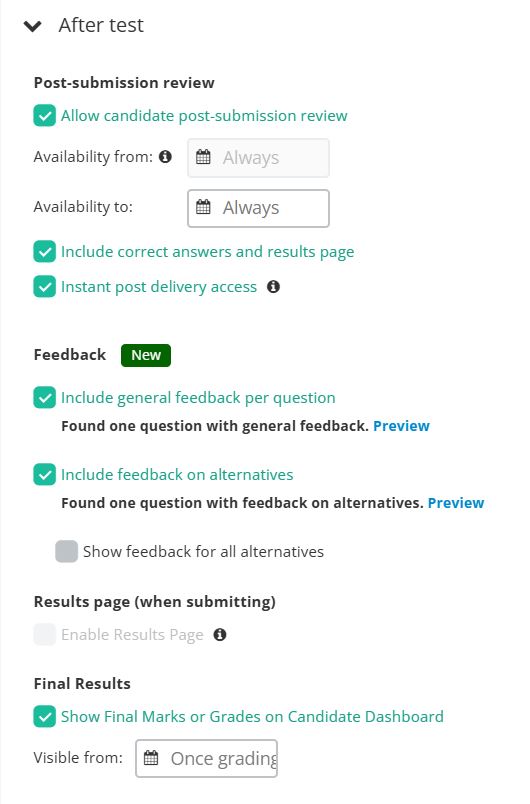 A screenshot of the area you enable marks and feedback for students in Inspera